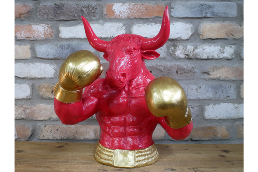 Gold Boxing Bull Torso Bust - Large Red Resin Charging Animal Sculpture