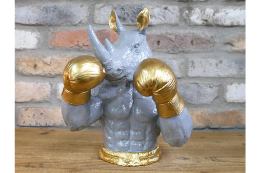 Gold Boxing Rhino Torso Bust - Quirky Grey Resin Rhinoceros Dog Statue
