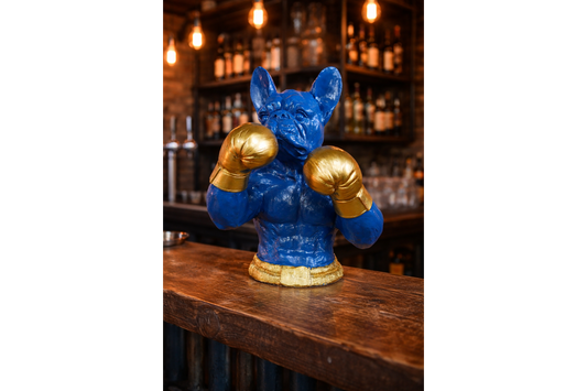Gold Boxing French Bulldog Bust - Quirky Blue Resin Frenchie Dog Statue