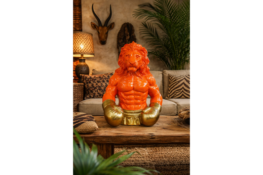 Gold Boxing Lion Torso Bust - Large Orange Resin King Animal Sculpture