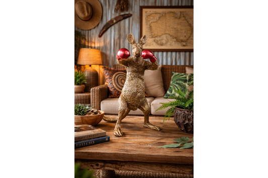 Red Boxing Kangaroo Statue - Quirky Gold Resin Australian Animal Decor