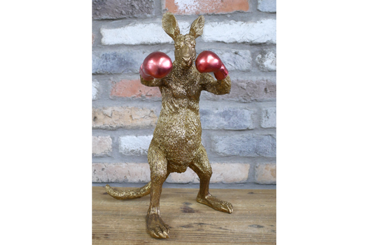 Red Boxing Kangaroo Statue - Quirky Gold Resin Australian Animal Decor