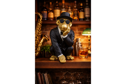 Gold & Black Monkey Gentleman Statue - Quirky Resin Chimp Suit Ornament