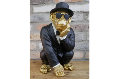 Gold & Black Monkey Gentleman Statue - Quirky Resin Chimp Suit Ornament