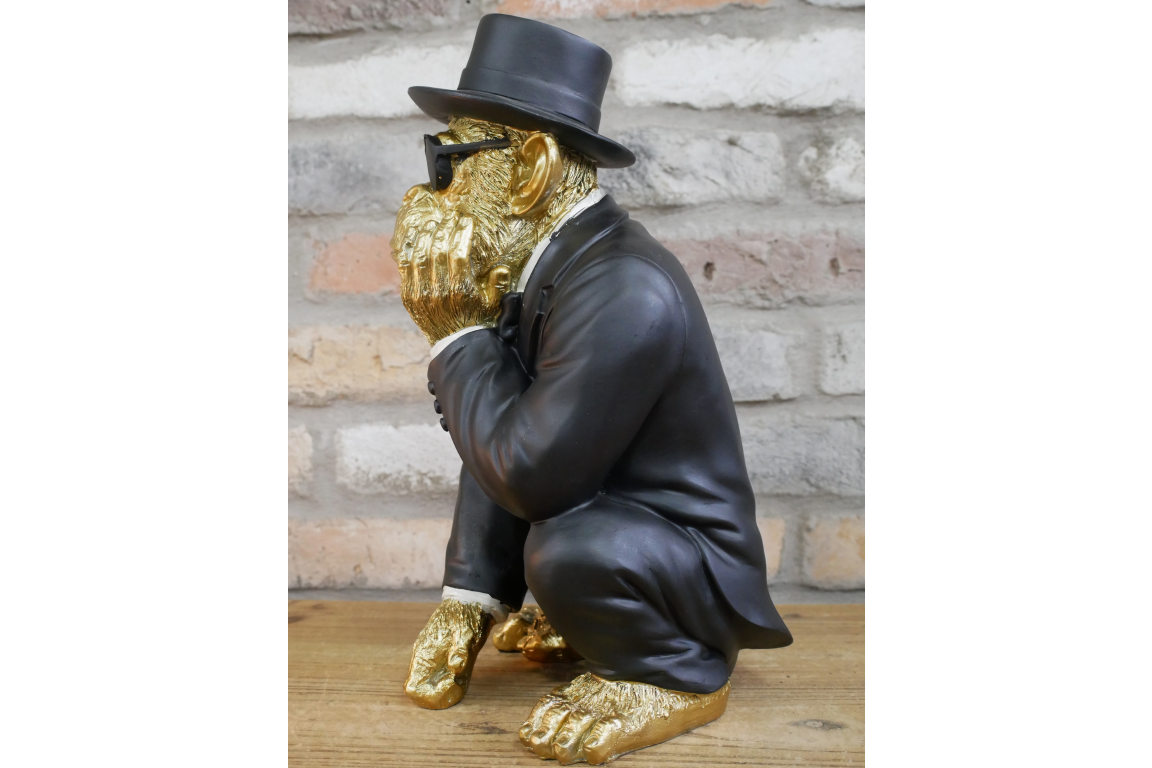 Gold & Black Monkey Gentleman Statue - Quirky Resin Chimp Suit Ornament