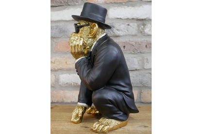 Gold & Black Monkey Gentleman Statue - Quirky Resin Chimp Suit Ornament