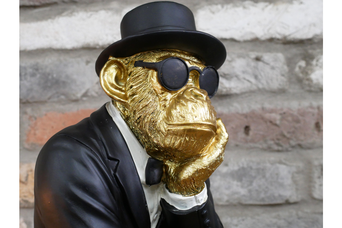 Gold & Black Monkey Gentleman Statue - Quirky Resin Chimp Suit Ornament