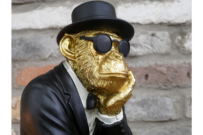 Gold & Black Monkey Gentleman Statue - Quirky Resin Chimp Suit Ornament