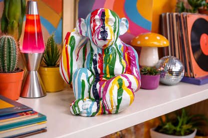 Multi-Color Paint Drip Monkey Statue - Quirky Resin Chimp Pop Art Ornament
