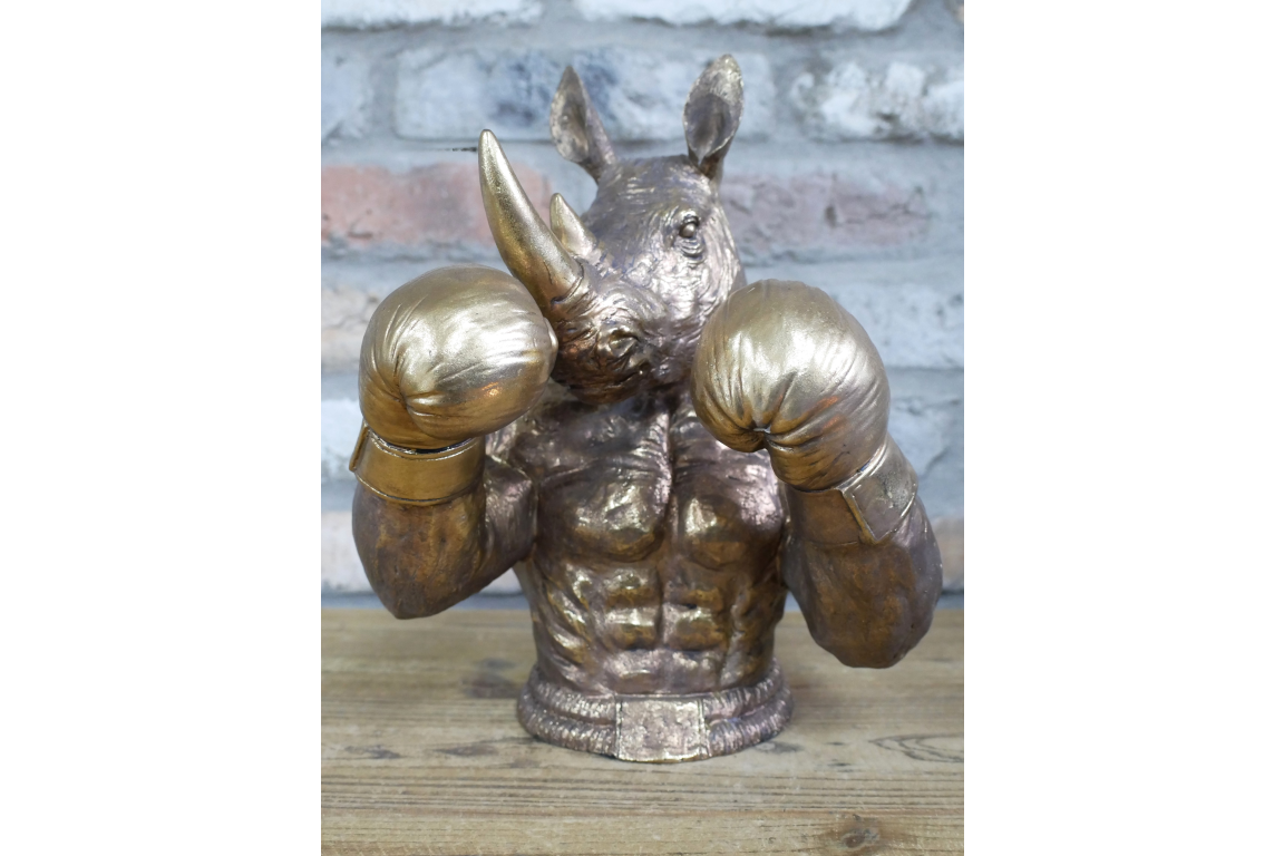 Antique Bronze Boxing Rhino Bust - Quirky Resin Rhinoceros Animal Statue