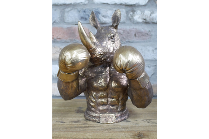 Antique Bronze Boxing Rhino Bust - Quirky Resin Rhinoceros Animal Statue