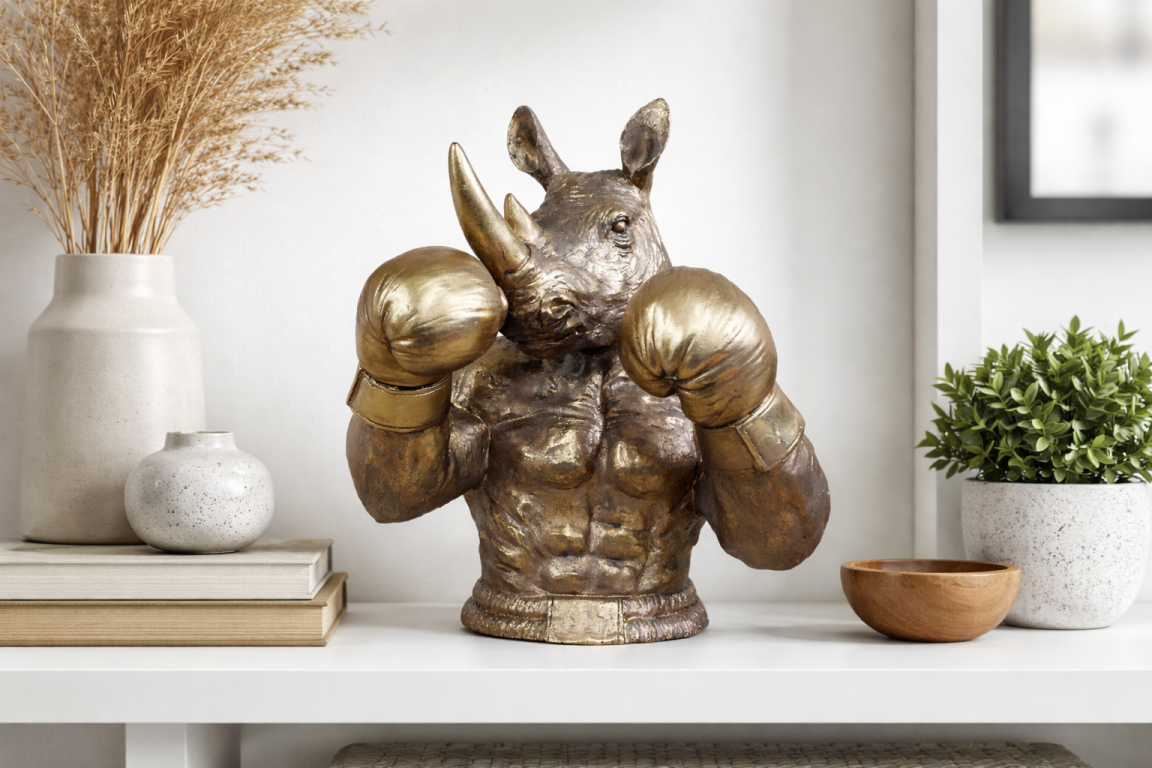 Antique Bronze Boxing Rhino Bust - Quirky Resin Rhinoceros Animal Statue