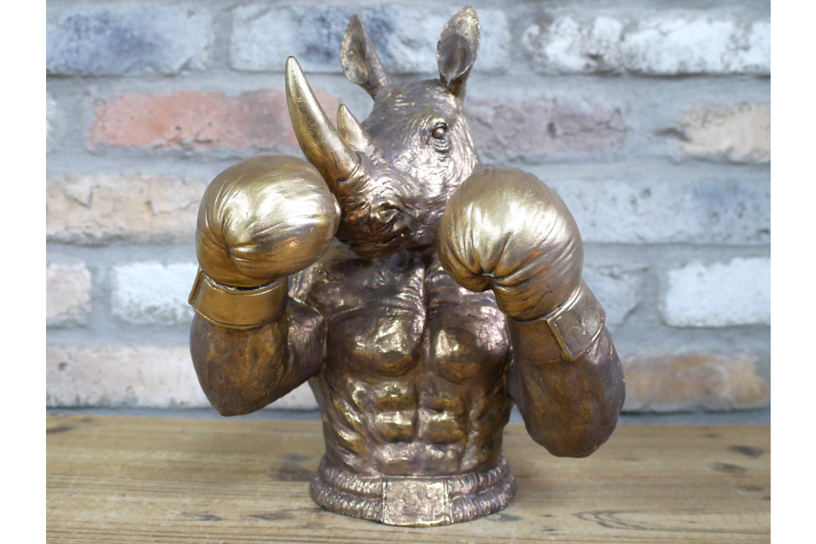 Antique Bronze Boxing Rhino Bust - Quirky Resin Rhinoceros Animal Statue