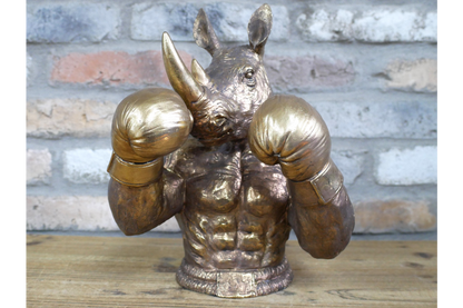 Antique Bronze Boxing Rhino Bust - Quirky Resin Rhinoceros Animal Statue