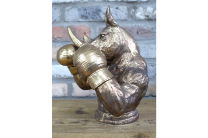 Antique Bronze Boxing Rhino Bust - Quirky Resin Rhinoceros Animal Statue