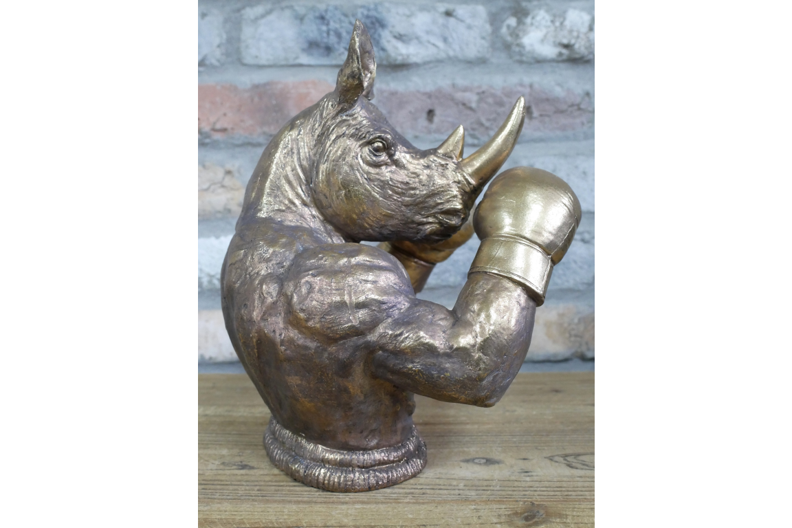 Antique Bronze Boxing Rhino Bust - Quirky Resin Rhinoceros Animal Statue