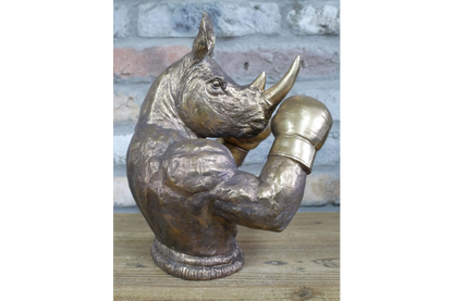 Antique Bronze Boxing Rhino Bust - Quirky Resin Rhinoceros Animal Statue