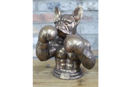 Antique Bronze Boxing French Bulldog Bust - Quirky Resin Frenchie Statue