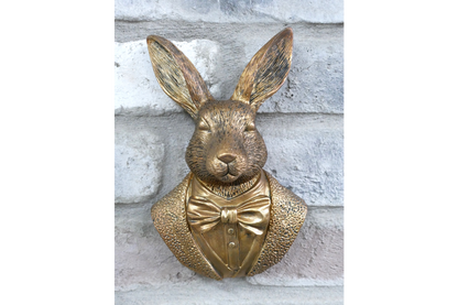 Antique Gold Hare Gentleman Wall Bust - Compact Resin Rabbit Decor