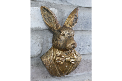 Antique Gold Hare Gentleman Wall Bust - Compact Resin Rabbit Decor