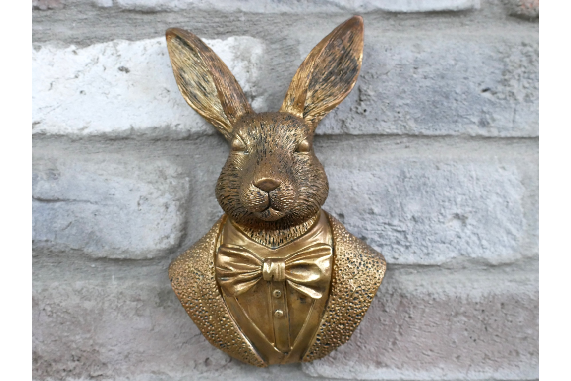 Antique Gold Hare Gentleman Wall Bust - Compact Resin Rabbit Decor