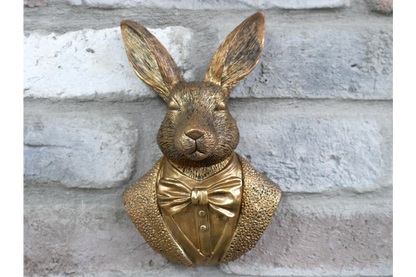 Antique Gold Hare Gentleman Wall Bust - Compact Resin Rabbit Decor