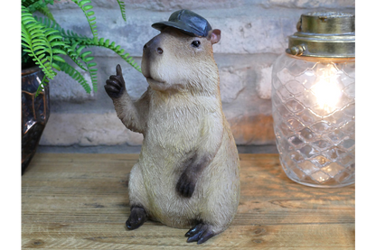 Resin Capybara with Hat Thumbs Up Figurine - Funny Animal Desk Decor