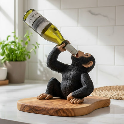 Funny Chimp Monkey Wine Bottle Holder | Luxury Olive Wood Base Countertop Display