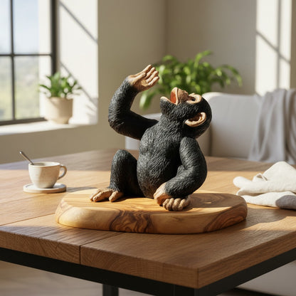 Funny Chimp Monkey Wine Bottle Holder | Luxury Olive Wood Base Countertop Display