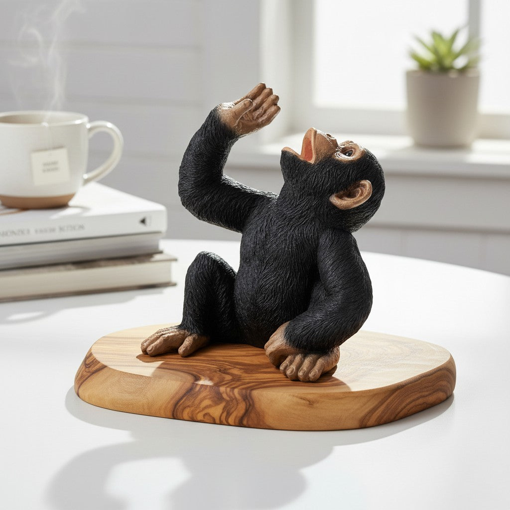 Funny Chimp Monkey Wine Bottle Holder | Luxury Olive Wood Base Countertop Display