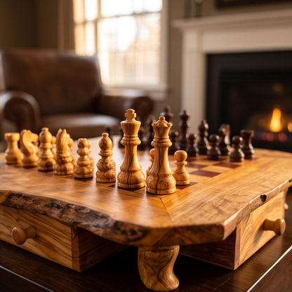 Handcrafted Olive Wood Chess Set with Drawer | Live Edge Red or Black Board