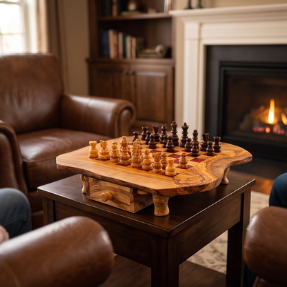 Handcrafted Olive Wood Chess Set with Drawer | Live Edge Red or Black Board