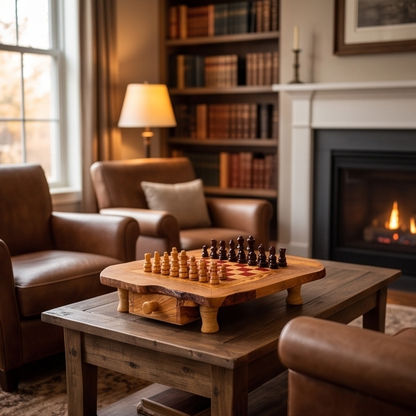 Handcrafted Olive Wood Chess Set with Drawer | Live Edge Red or Black Board