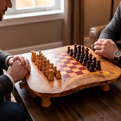Handcrafted Olive Wood Chess Set with Drawer | Live Edge Red or Black Board