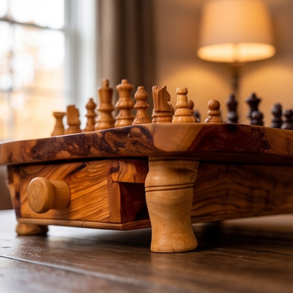 Handcrafted Olive Wood Chess Set with Drawer | Live Edge Red or Black Board