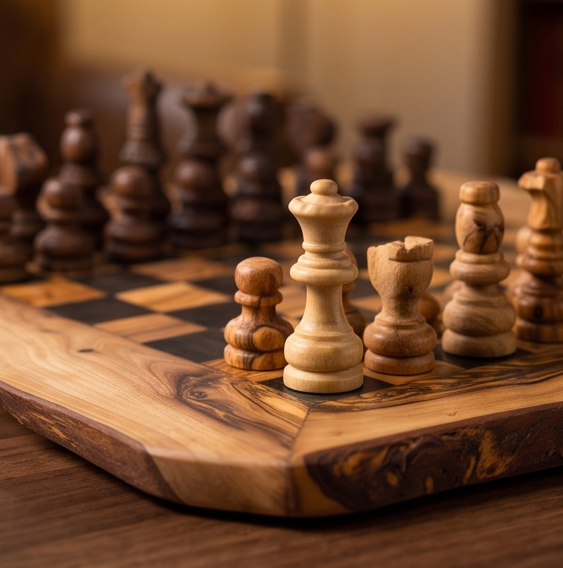 Jeu d'échecs fait main en bois d'olivier avec tiroir de rangement - Jeu de société de luxe en bois