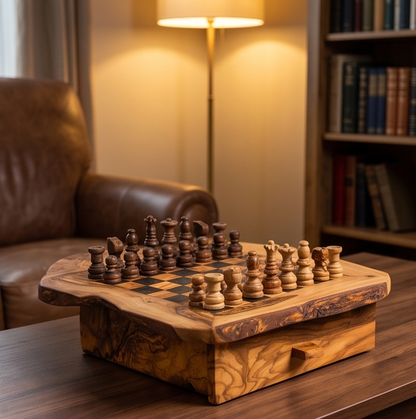 Jeu d'échecs fait main en bois d'olivier avec tiroir de rangement - Jeu de société de luxe en bois