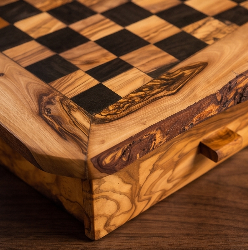 Jeu d'échecs fait main en bois d'olivier avec tiroir de rangement - Jeu de société de luxe en bois