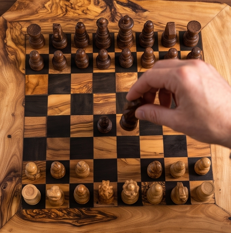 Jeu d'échecs fait main en bois d'olivier avec tiroir de rangement - Jeu de société de luxe en bois