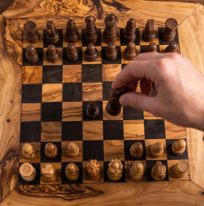 Jeu d'échecs fait main en bois d'olivier avec tiroir de rangement - Jeu de société de luxe en bois