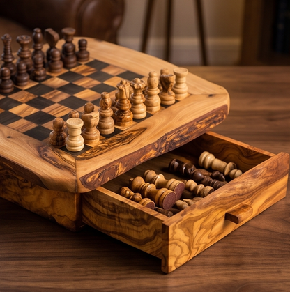 Jeu d'échecs fait main en bois d'olivier avec tiroir de rangement - Jeu de société de luxe en bois