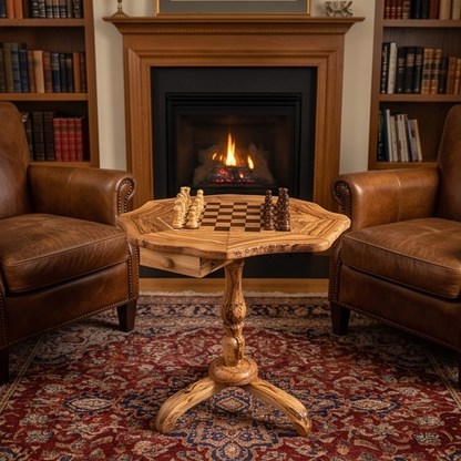 Table d'échecs artisanale en bois d'olivier – Table de jeu de luxe sur pied en rouge et noir