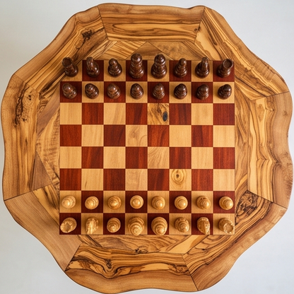 Table d'échecs artisanale en bois d'olivier – Table de jeu de luxe sur pied en rouge et noir