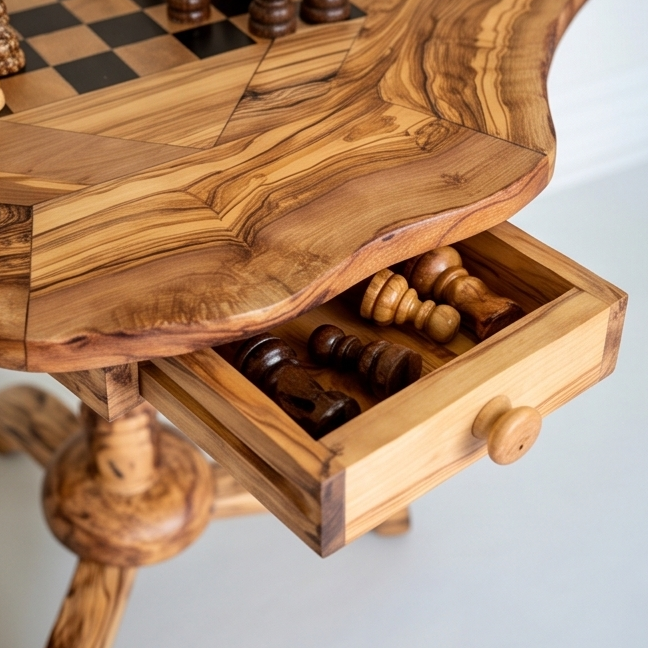 Table d'échecs artisanale en bois d'olivier – Table de jeu de luxe sur pied en rouge et noir