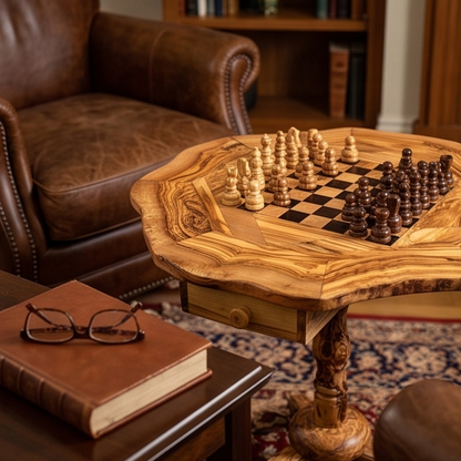 Table d'échecs artisanale en bois d'olivier – Table de jeu de luxe sur pied en rouge et noir