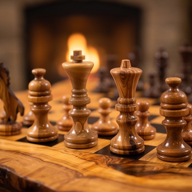 Luxury Rectangular Olive Wood Chess Table - Freeform Pedestal Game Table 80cm