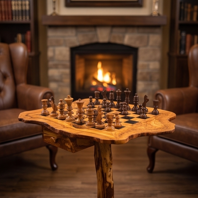Luxury Rectangular Olive Wood Chess Table - Freeform Pedestal Game Table 80cm
