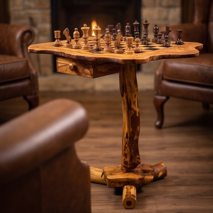 Luxury Rectangular Olive Wood Chess Table - Freeform Pedestal Game Table 80cm