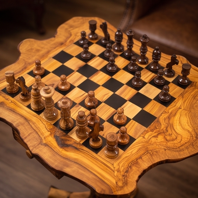 Luxury Rectangular Olive Wood Chess Table - Freeform Pedestal Game Table 80cm