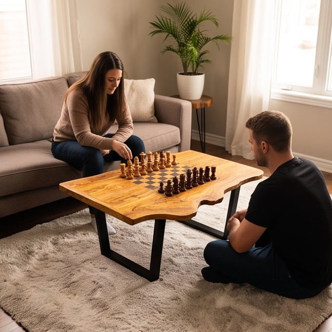 Luxury Live Edge Olive Wood Chess Coffee Table - Modern Industrial Game Table